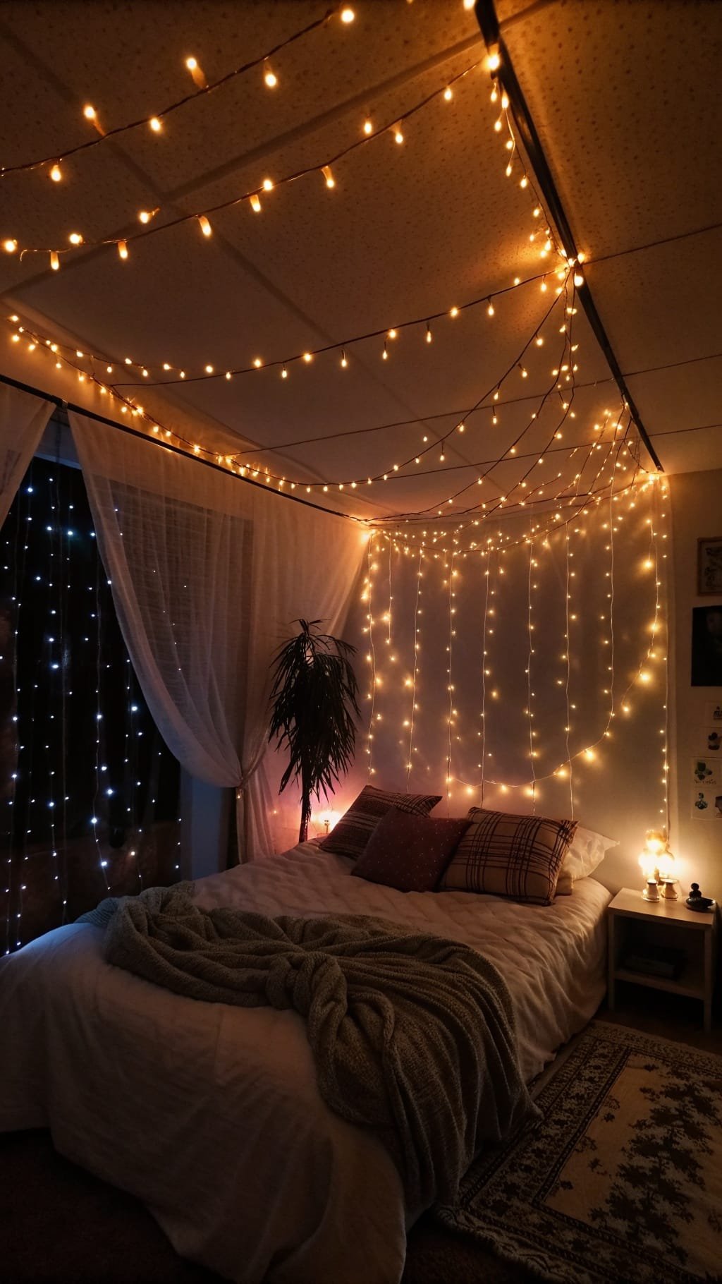 A cozy bedroom with string lights hanging from the ceiling, creating a warm and inviting atmosphere. Dark Boho Bedroom