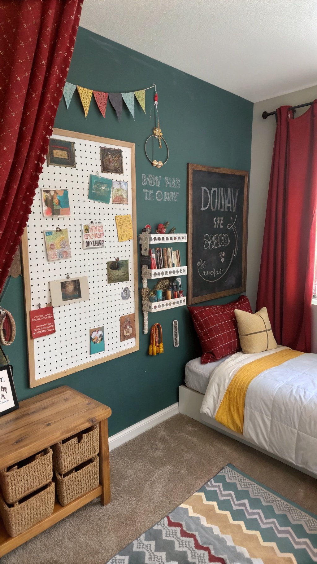 17 Whimsical Small Bedroom Ideas to Spark Your Imagination A cozy and colorful small bedroom featuring interactive decor elements like a pegboard for photos and notes, bunting, and a chalkboard.