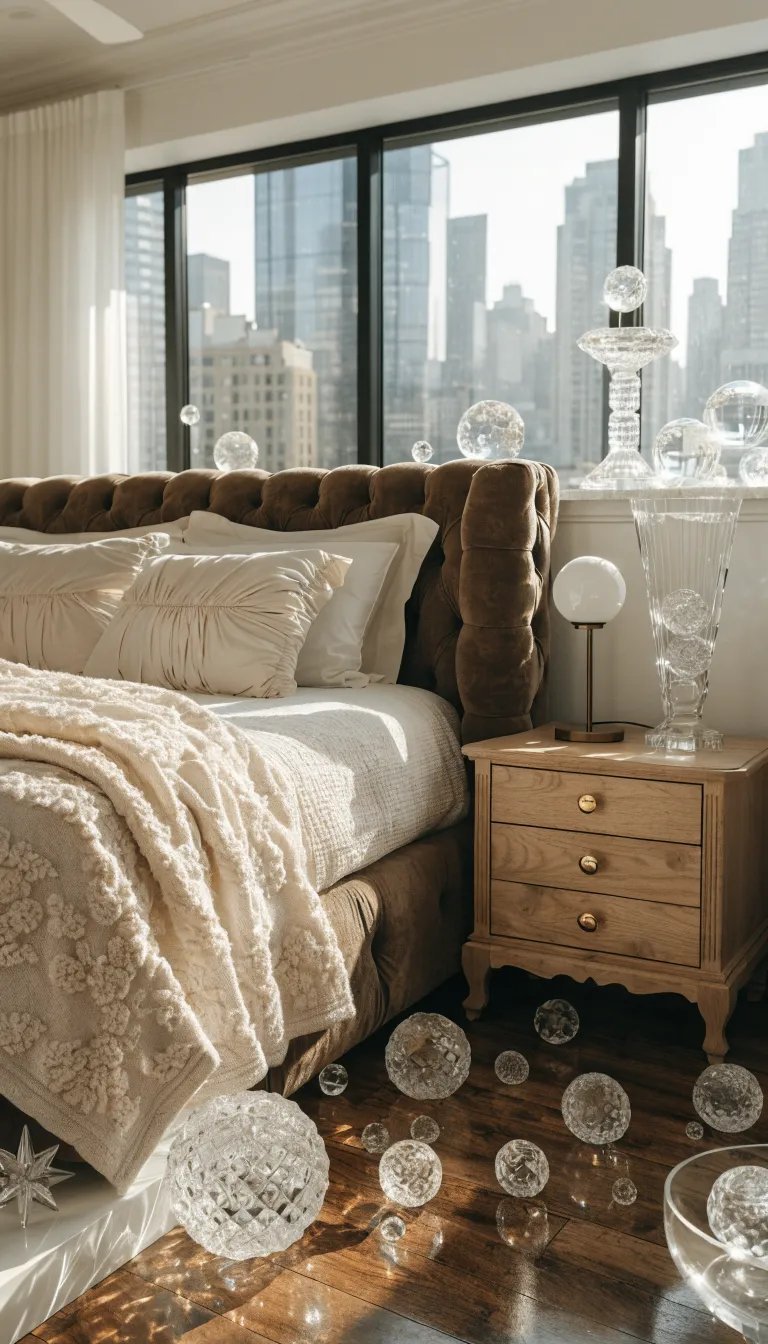 Cozy bedroom with crystal accents, plush bedding, and wooden furniture.