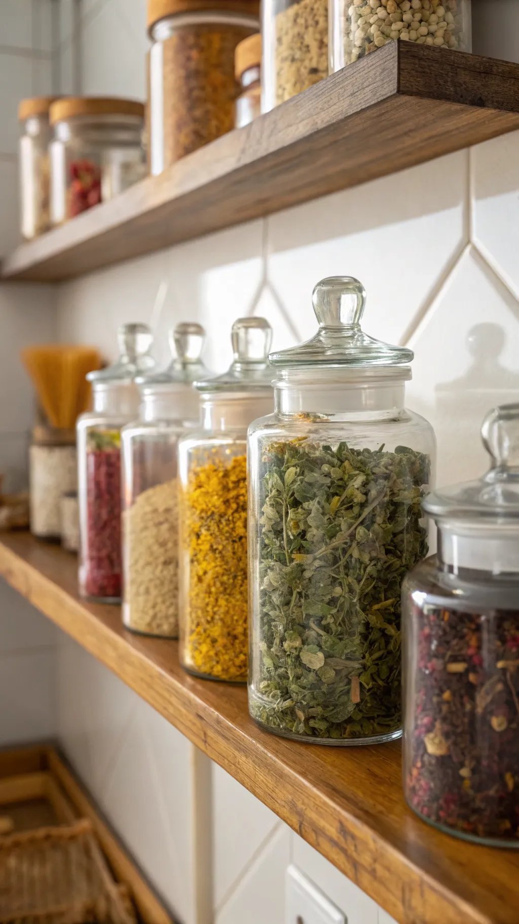 A shelf displaying several glass jars filled with colorful herbs and spices, enhancing a witchy bathroom decor theme.