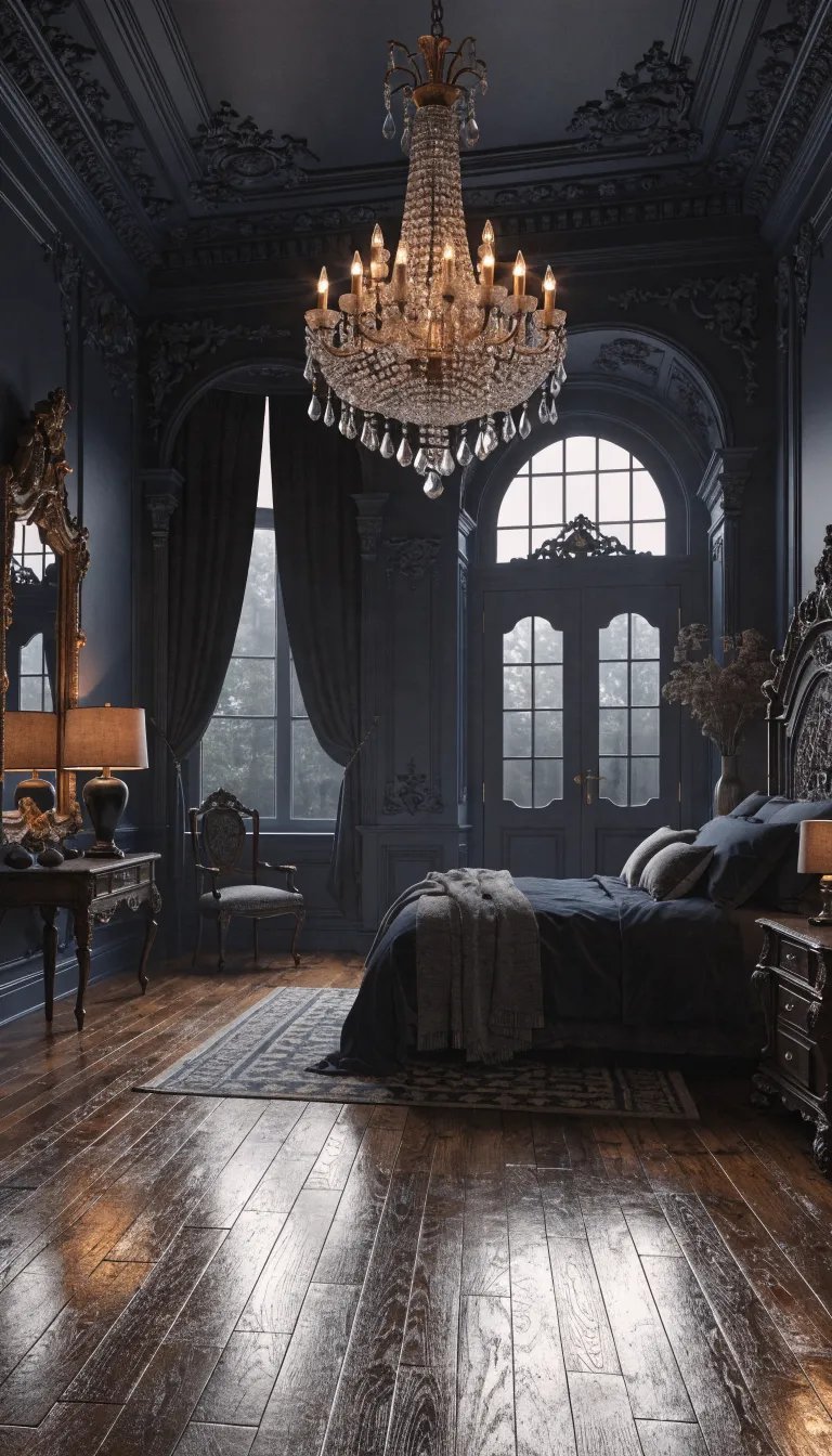 A witchy bedroom with dark walls and elegant decor.