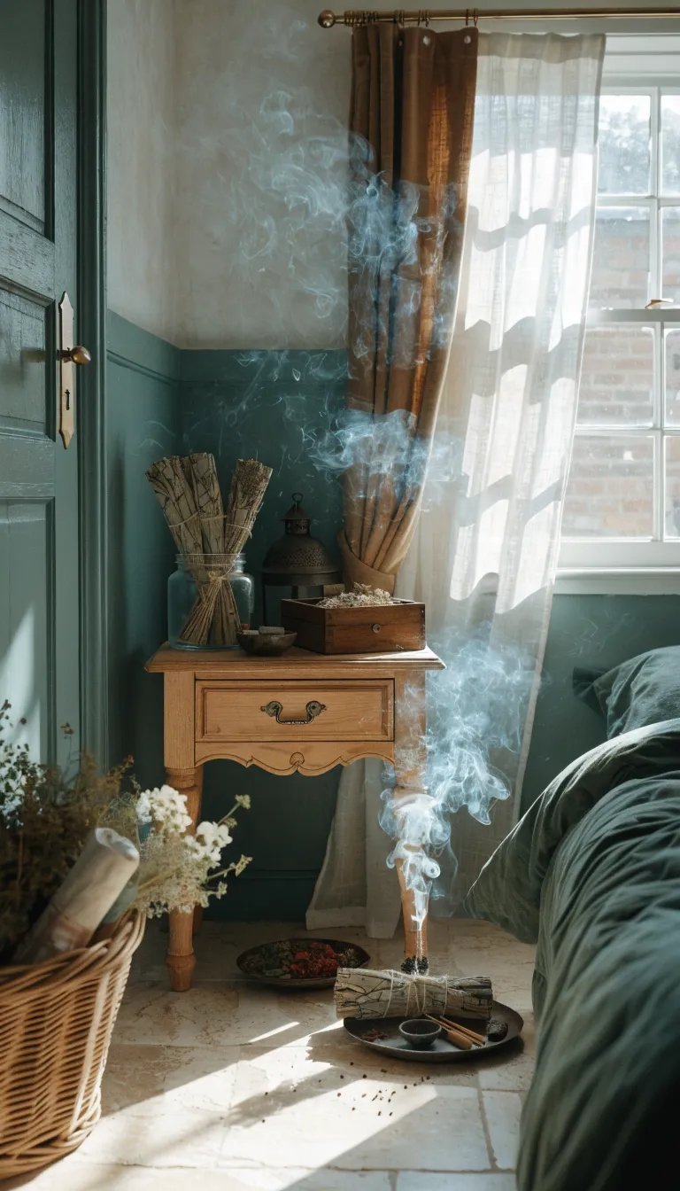 A cozy corner with sage and incense, featuring a wooden table and smoke rising from incense.