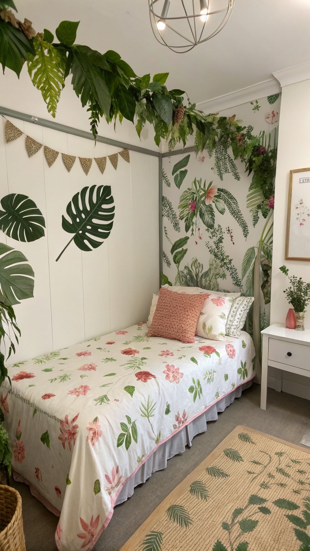 17 Whimsical Small Bedroom Ideas to Spark Your Imagination A nature-inspired small bedroom featuring floral patterns, leafy decor, and a cozy bed.
