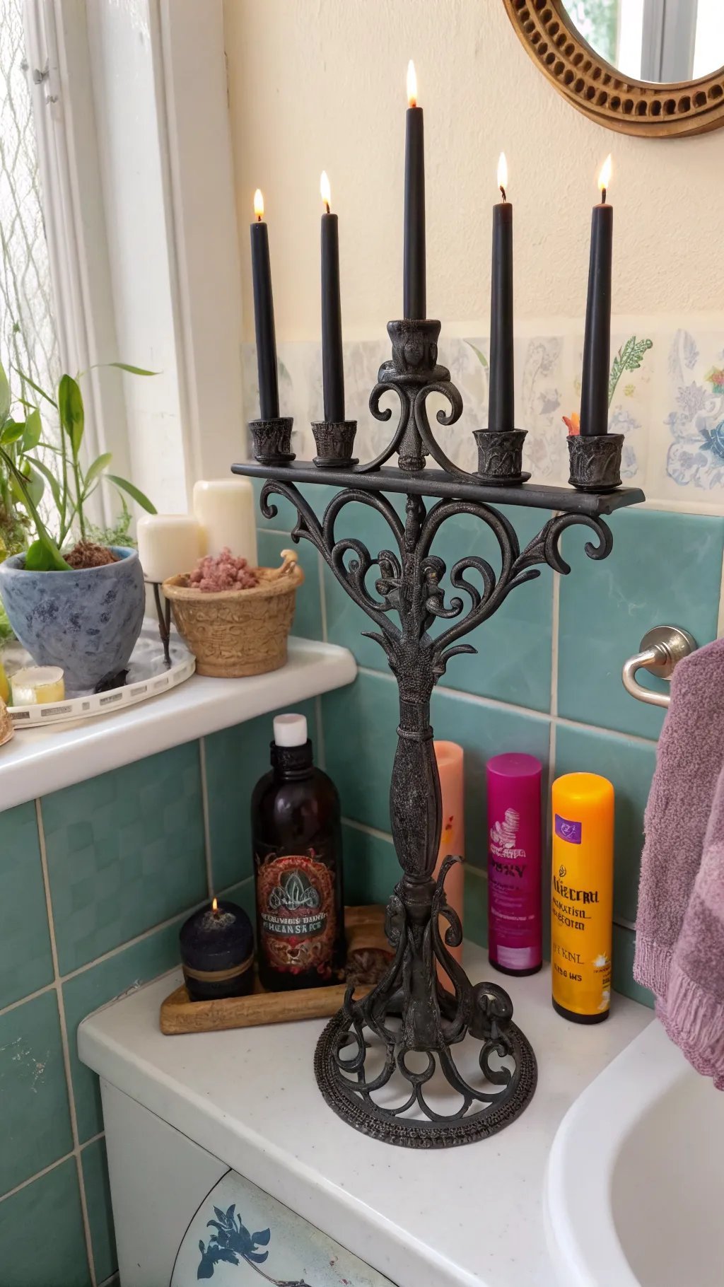 A gothic candle holder with black candles on a bathroom counter, surrounded by plants and toiletries.