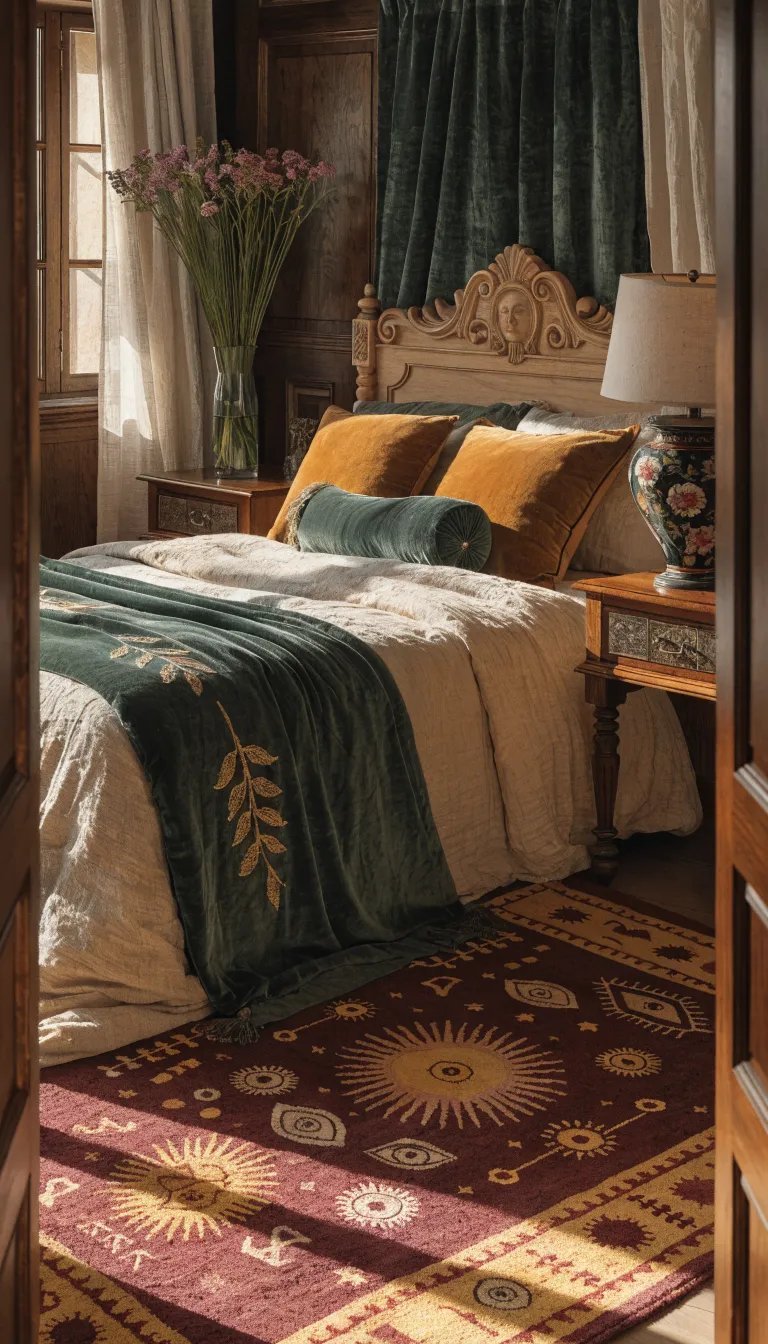 A cozy bedroom featuring a decorative rug with celestial designs, complementing the witchy theme.