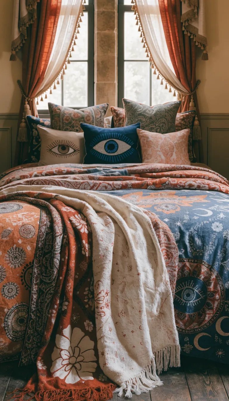 A cozy bed with spellbound bedding featuring intricate patterns, layered throws, and decorative pillows.