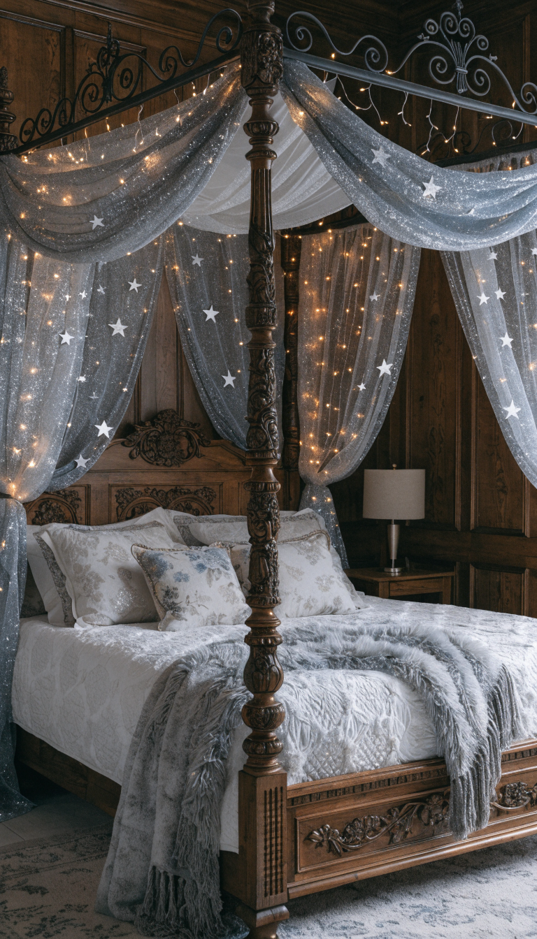 A celestial canopy bed with twinkling lights and starry drapes, creating a magical bedroom atmosphere.