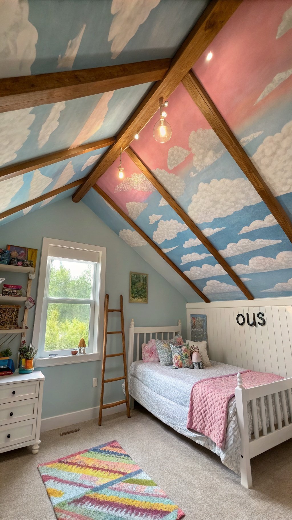 17 Whimsical Small Bedroom Ideas to Spark Your Imagination A small bedroom with a whimsical painted ceiling showing clouds and a cozy bed with colorful pillows.