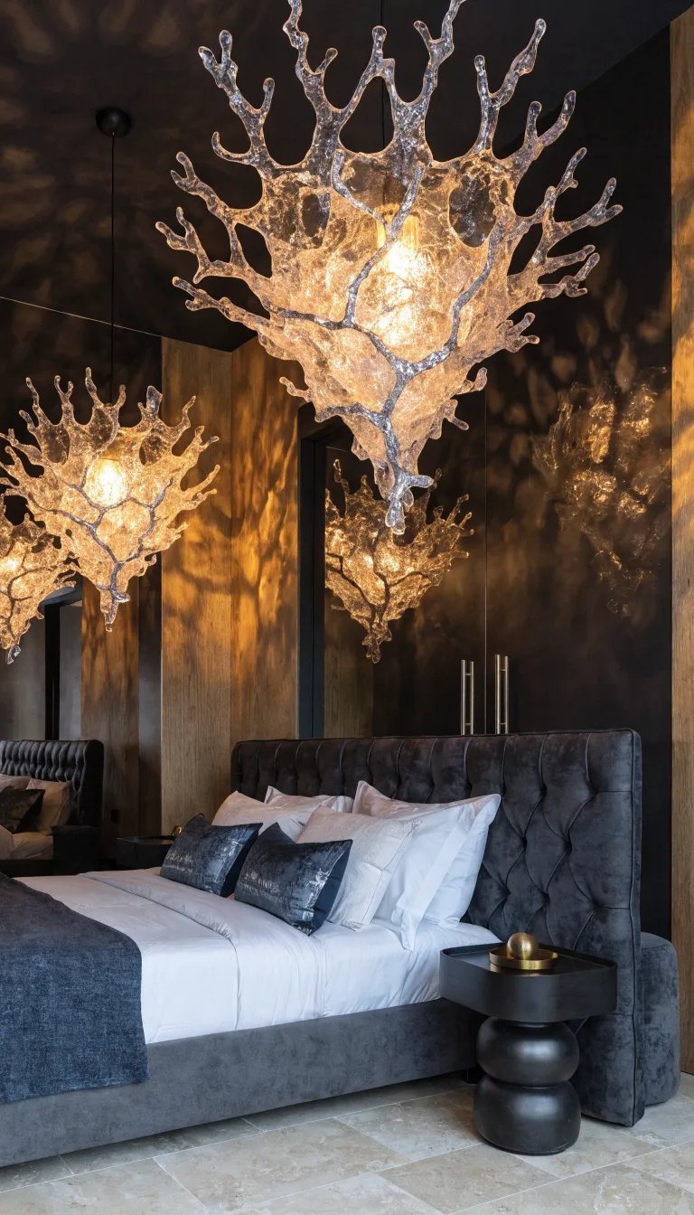 A stylish bedroom featuring unique gothic-inspired lighting with dramatic chandeliers. Witchy Bedroom Ideas 