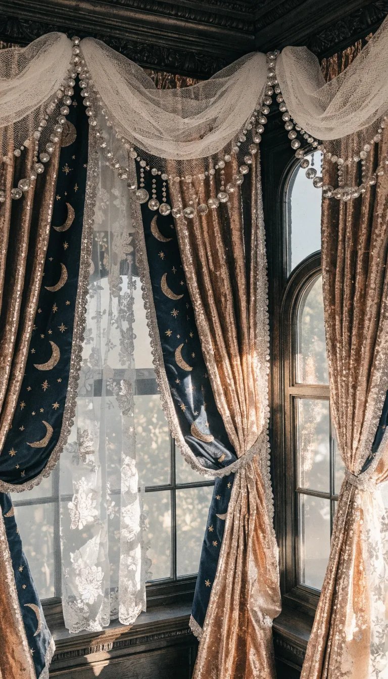 Witchy window treatments with celestial patterns.