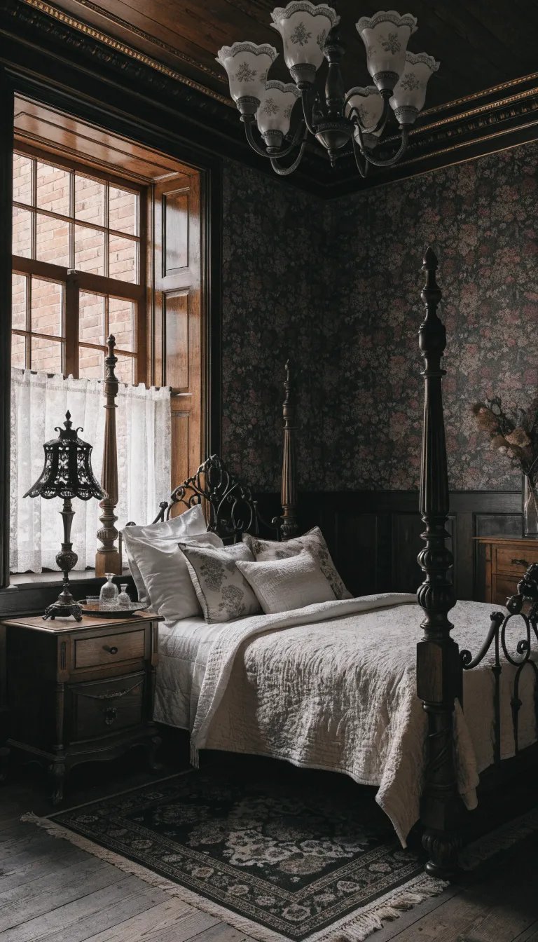 A cozy bedroom with dark floral wallpaper, wooden furniture, and elegant lighting.