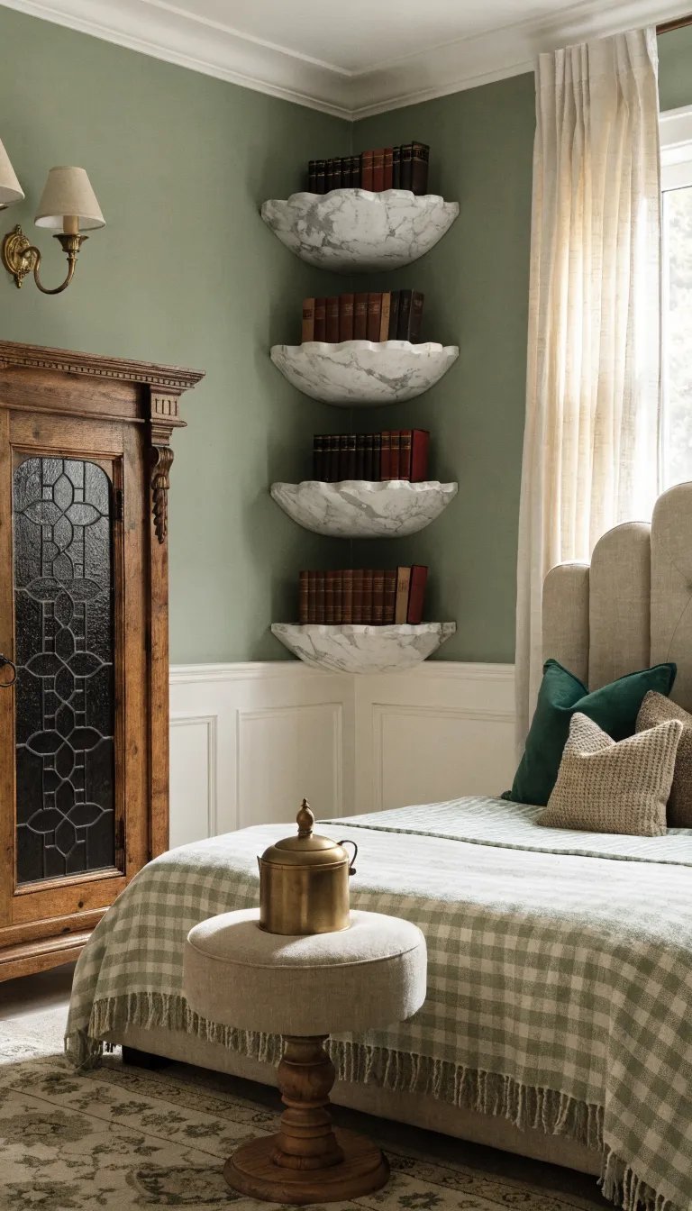 A cozy bedroom featuring decorative marble shelves displaying books and a warm color palette.