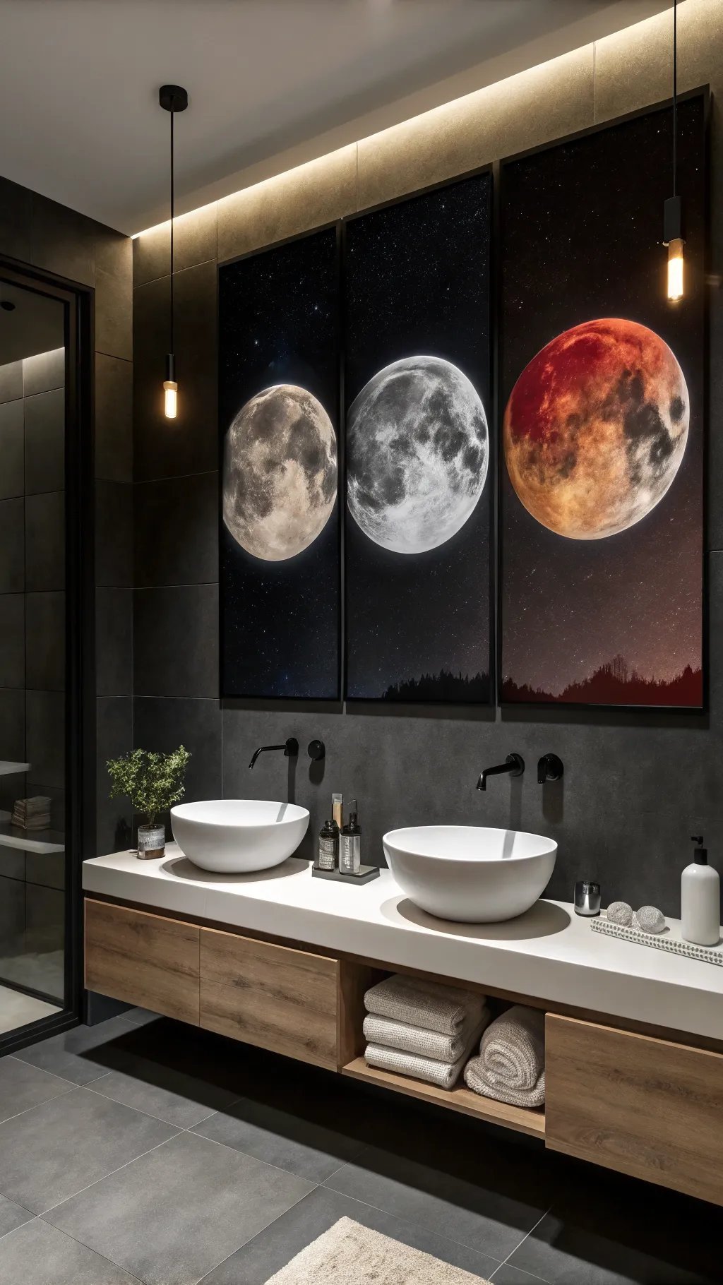 Moon phase wall art above a modern bathroom sink.