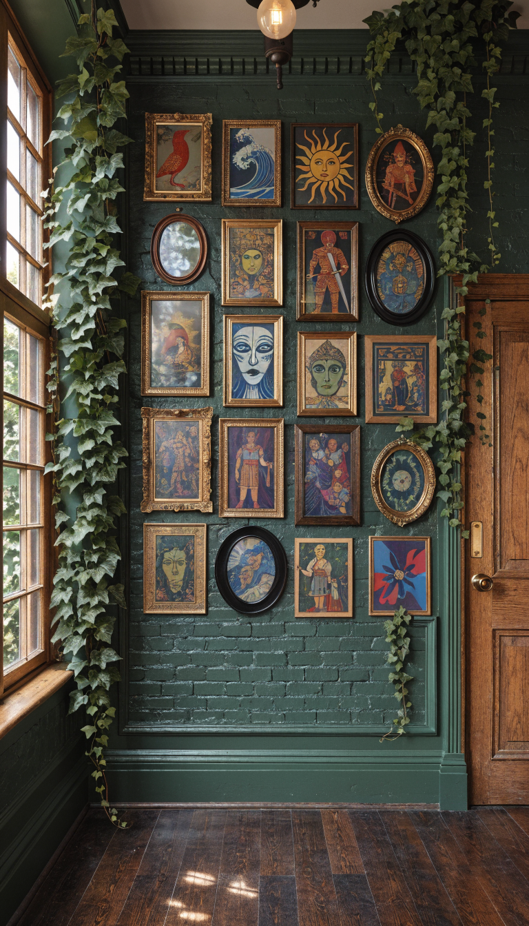 A beautifully arranged gallery wall featuring tarot card illustrations framed in eclectic styles, surrounded by lush greenery.