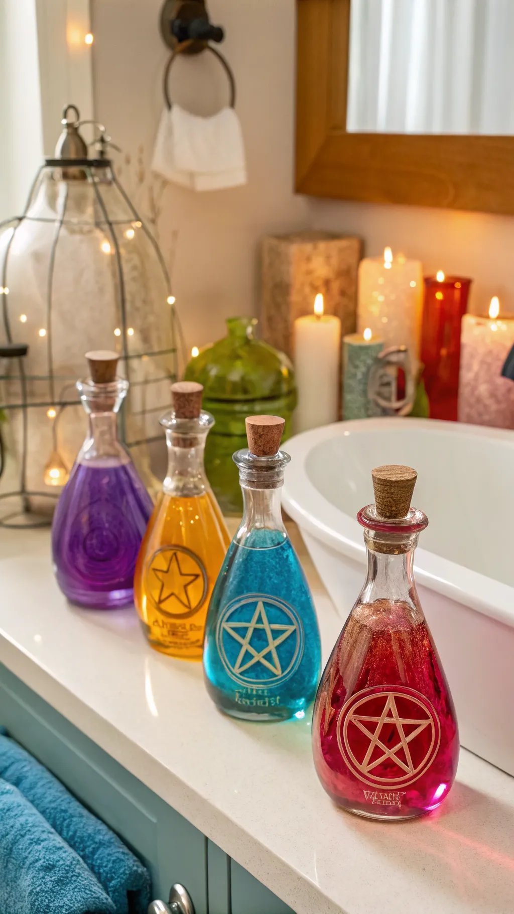 Colorful potion bottles on a bathroom countertop