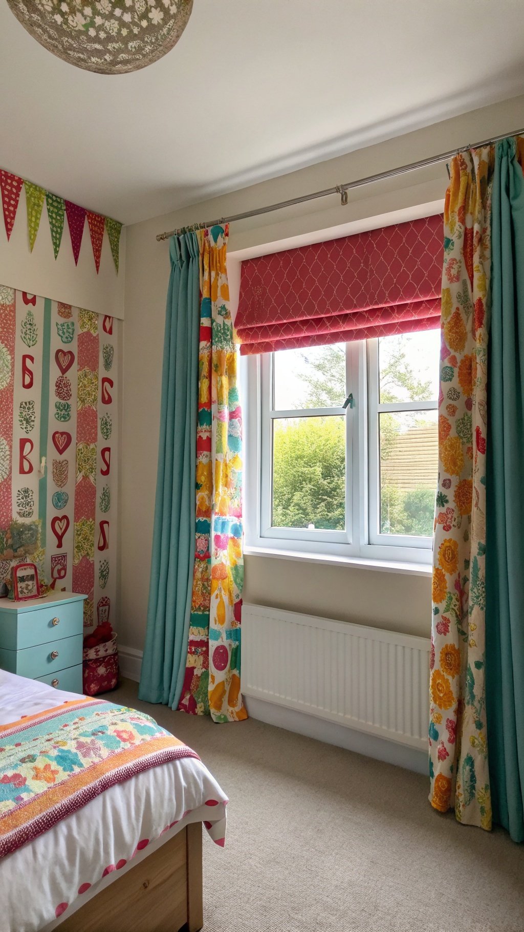 17 Whimsical Small Bedroom Ideas to Spark Your Imagination A whimsical small bedroom showcasing colorful window treatments and decor.