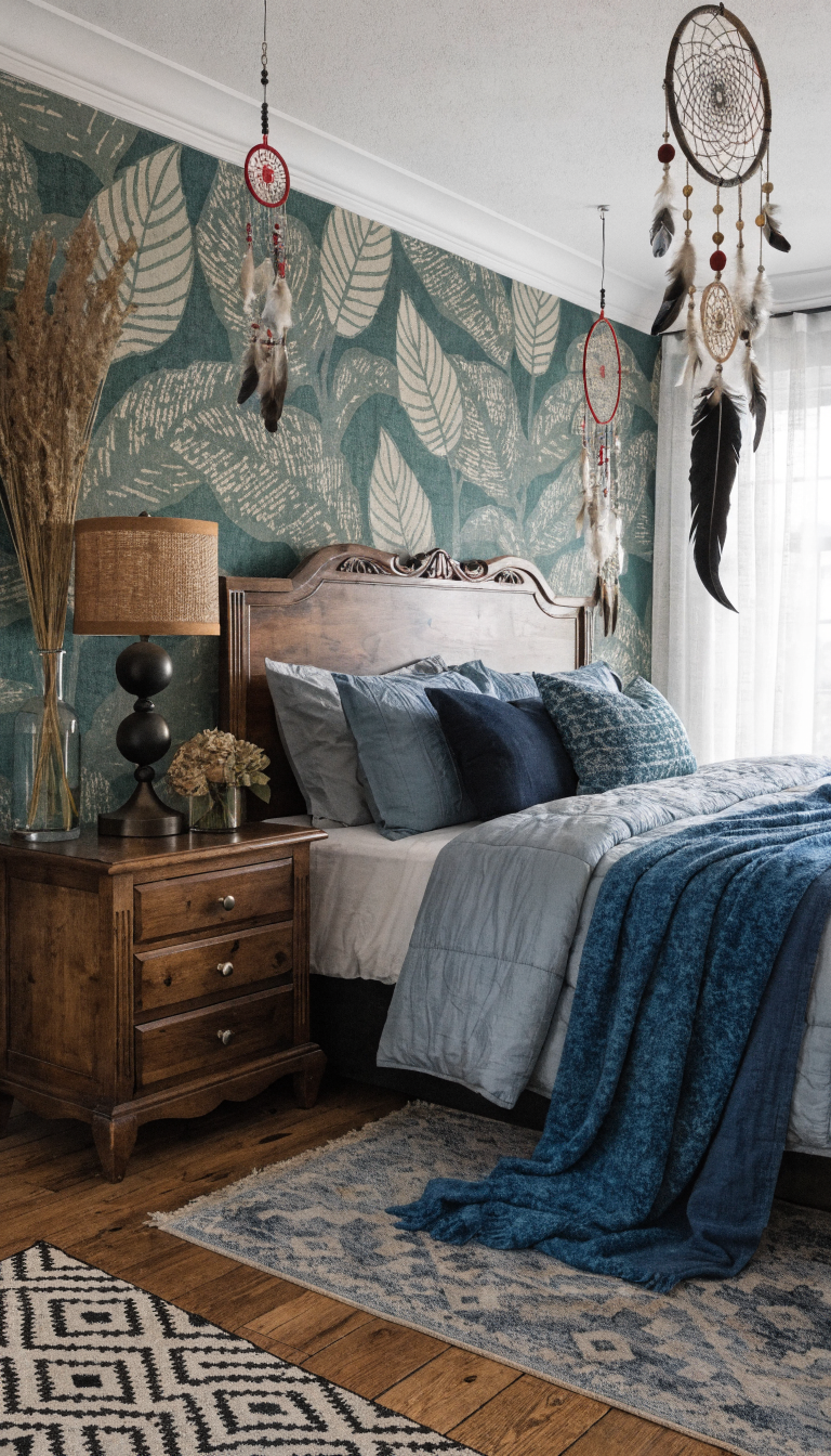A cozy bedroom featuring dreamcatchers, natural tones, and a leafy wallpaper.