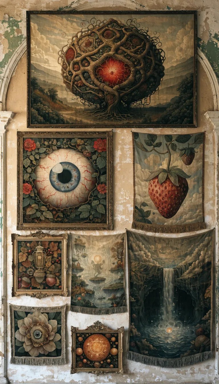 A decorative wall display with various woven tapestries featuring mystical themes like a giant eye, a tree of life, and surreal landscapes.