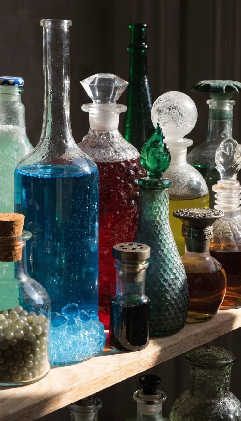 A collection of colorful vintage potion bottles displayed on a shelf.