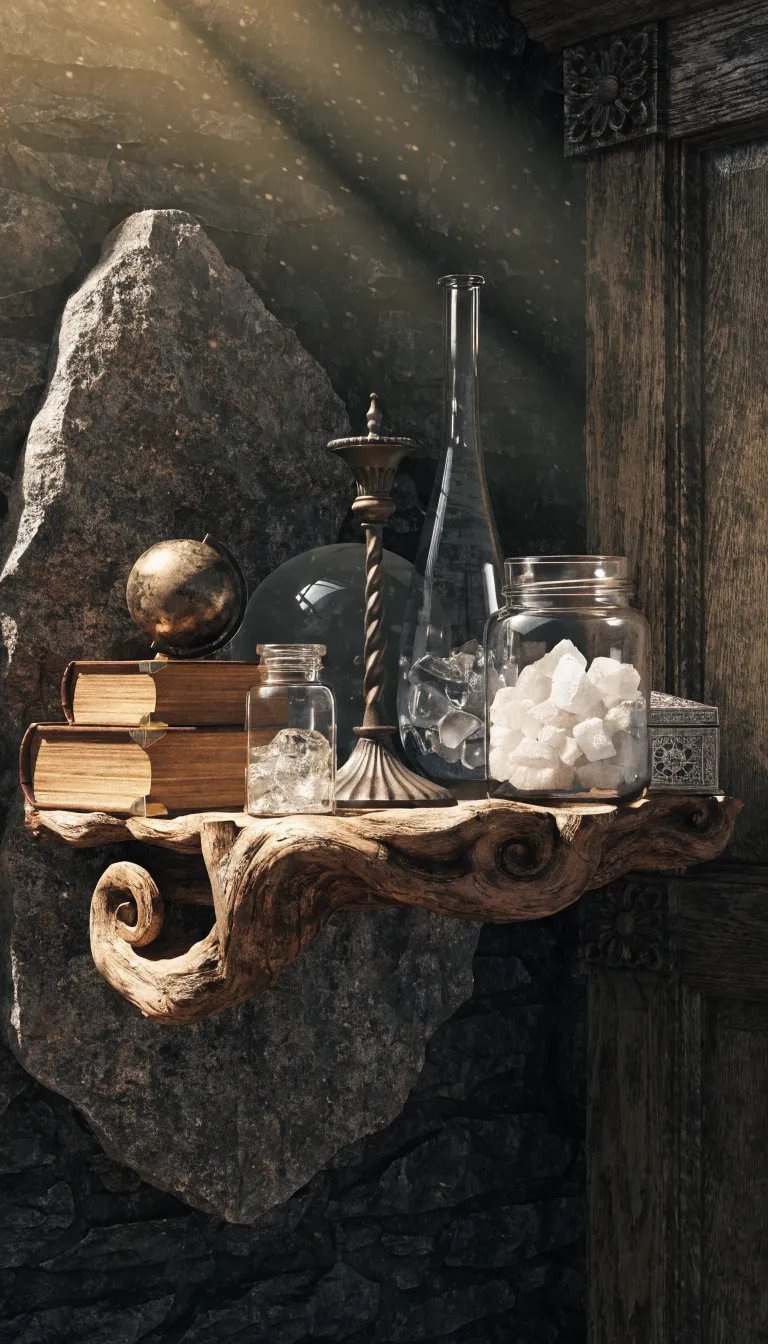 Rustic wooden shelf displaying books, jars, a candle holder and a globe, set against a stone background.