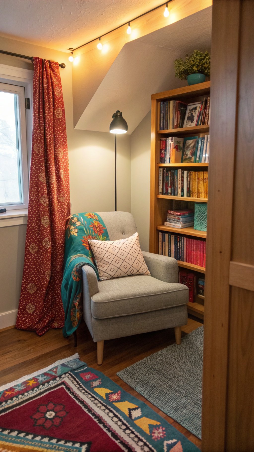 17 Whimsical Small Bedroom Ideas to Spark Your Imagination A cozy reading nook in a whimsical small bedroom featuring a gray armchair, colorful throw blanket, and bookshelves.