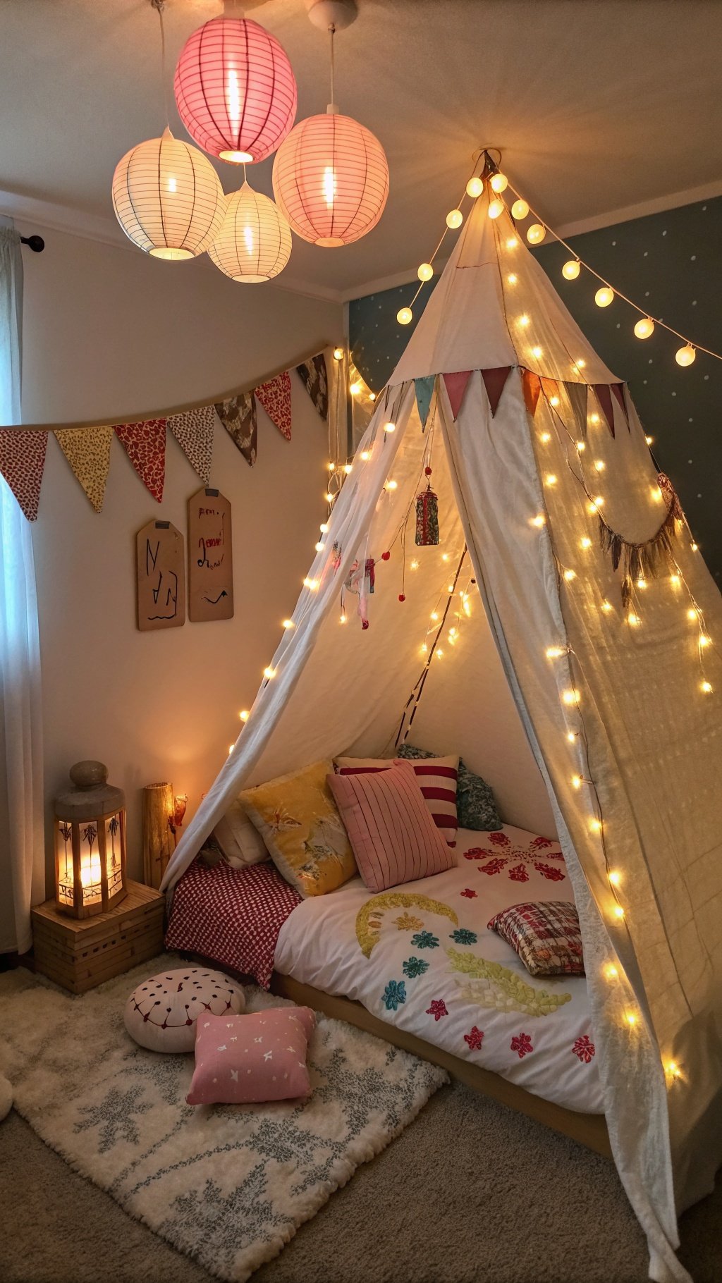 17 Whimsical Small Bedroom Ideas to Spark Your Imagination A whimsical small bedroom featuring soft lighting fixtures with paper lanterns and fairy lights.