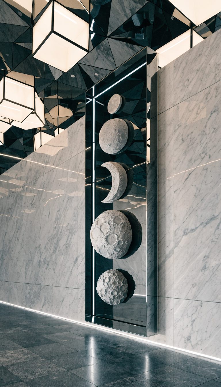 Moon phases wall art in a modern bedroom setting.