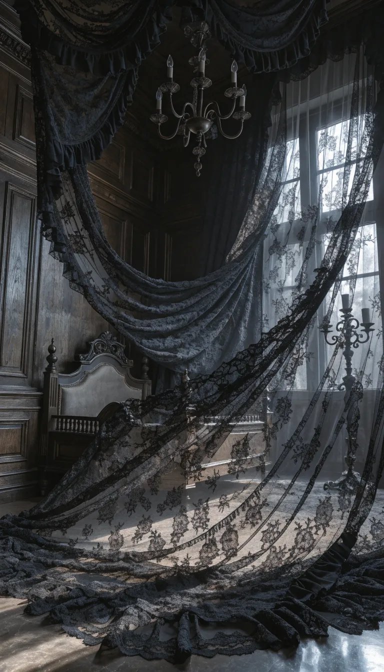 Black lace curtains draping elegantly in a dimly lit room.