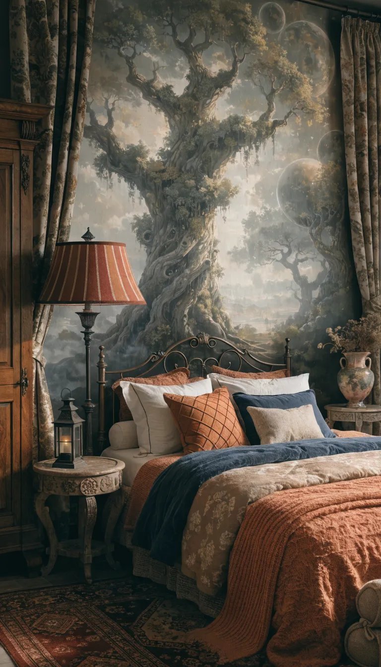 A beautifully decorated bedroom with an enchanting mural of a mystical tree on the wall.