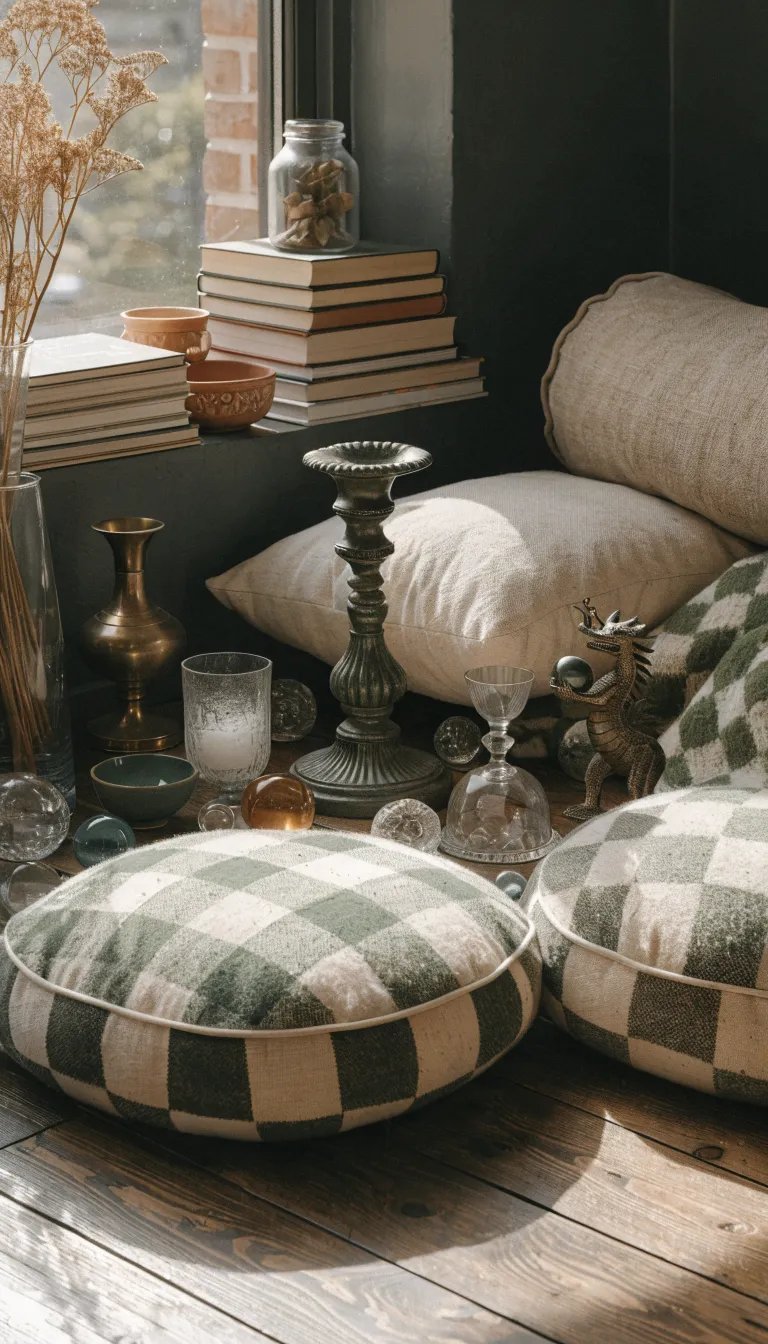 A cozy reading nook with cushions, books, and mystical decor.