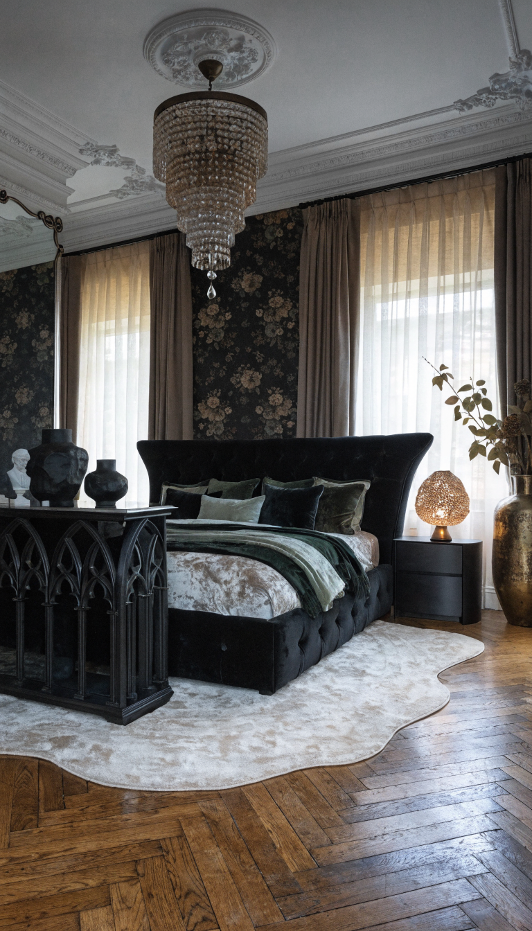A stylish bedroom featuring gothic furniture with dark tones and rich textures.