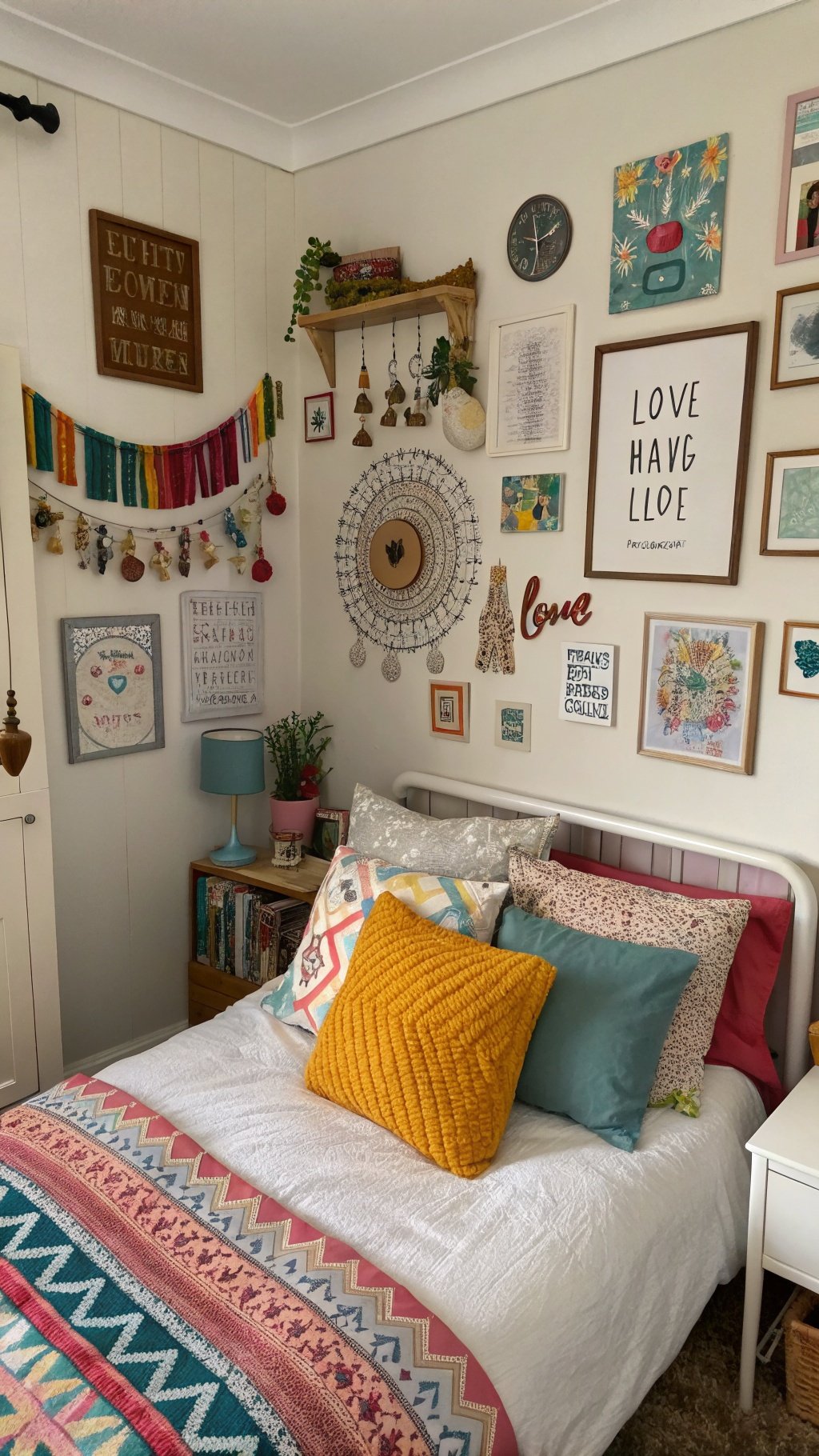 17 Whimsical Small Bedroom Ideas to Spark Your Imagination A cozy small bedroom with eclectic decor, featuring colorful pillows, wall art, and a warm atmosphere.