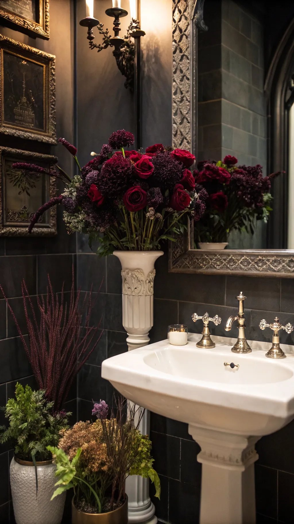 A bathroom featuring dark floral decorations with roses and other flowers