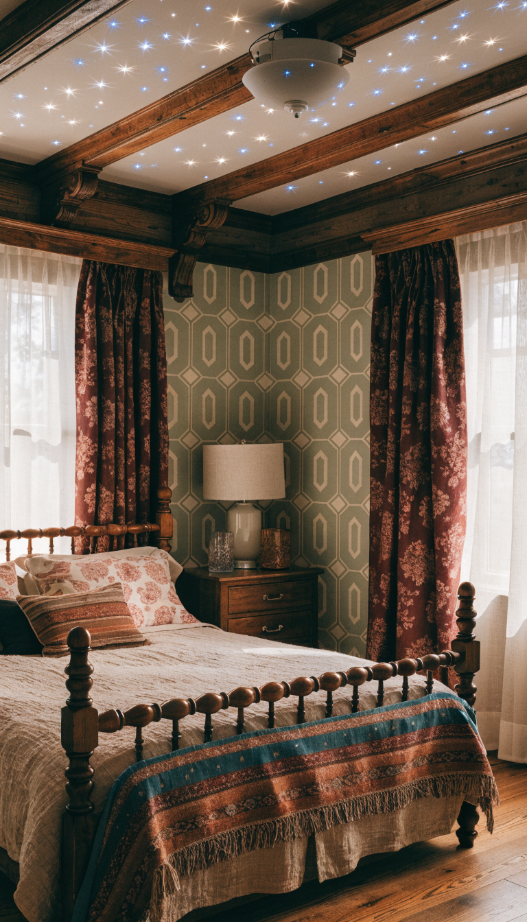 A cozy bedroom featuring a glimmering star projector on the ceiling, vintage decor and rich fabrics.