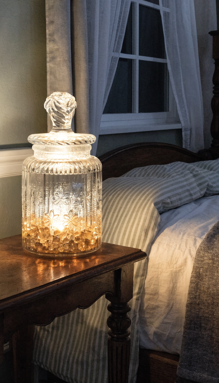 A decorative potion jar nightlight sits on a bedside table next to a bed, casting a warm glow.