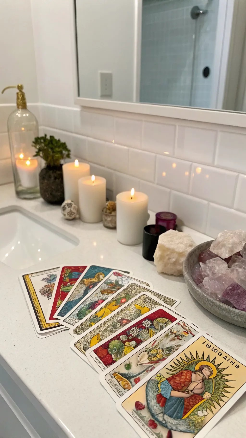 A bathroom countertop with tarot cards, candles, and crystals, creating a mystical decor vibe.