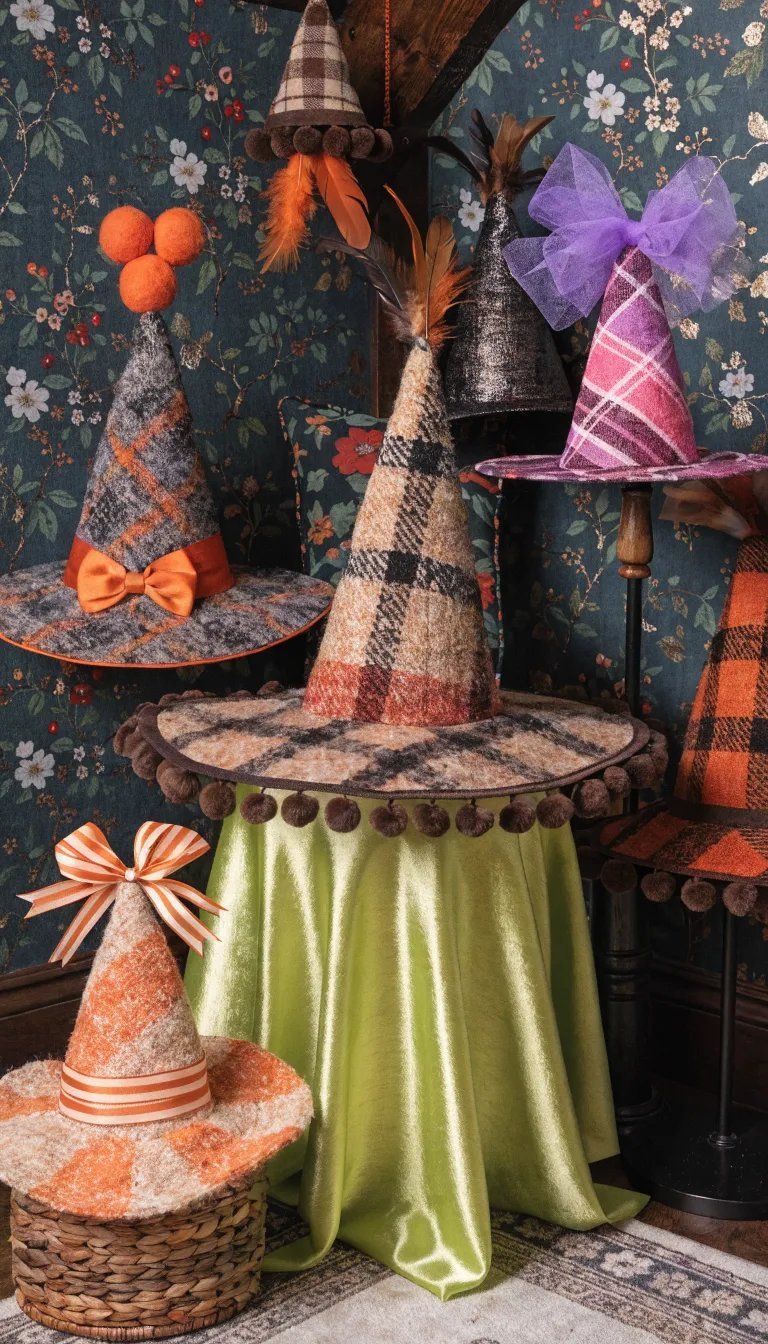 A collection of colorful and stylish witch hats displayed in a charming decor setting.