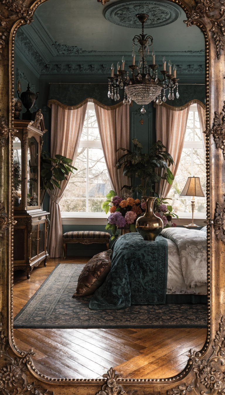 Elegant bedroom featuring an ornate mirror and modern decor.