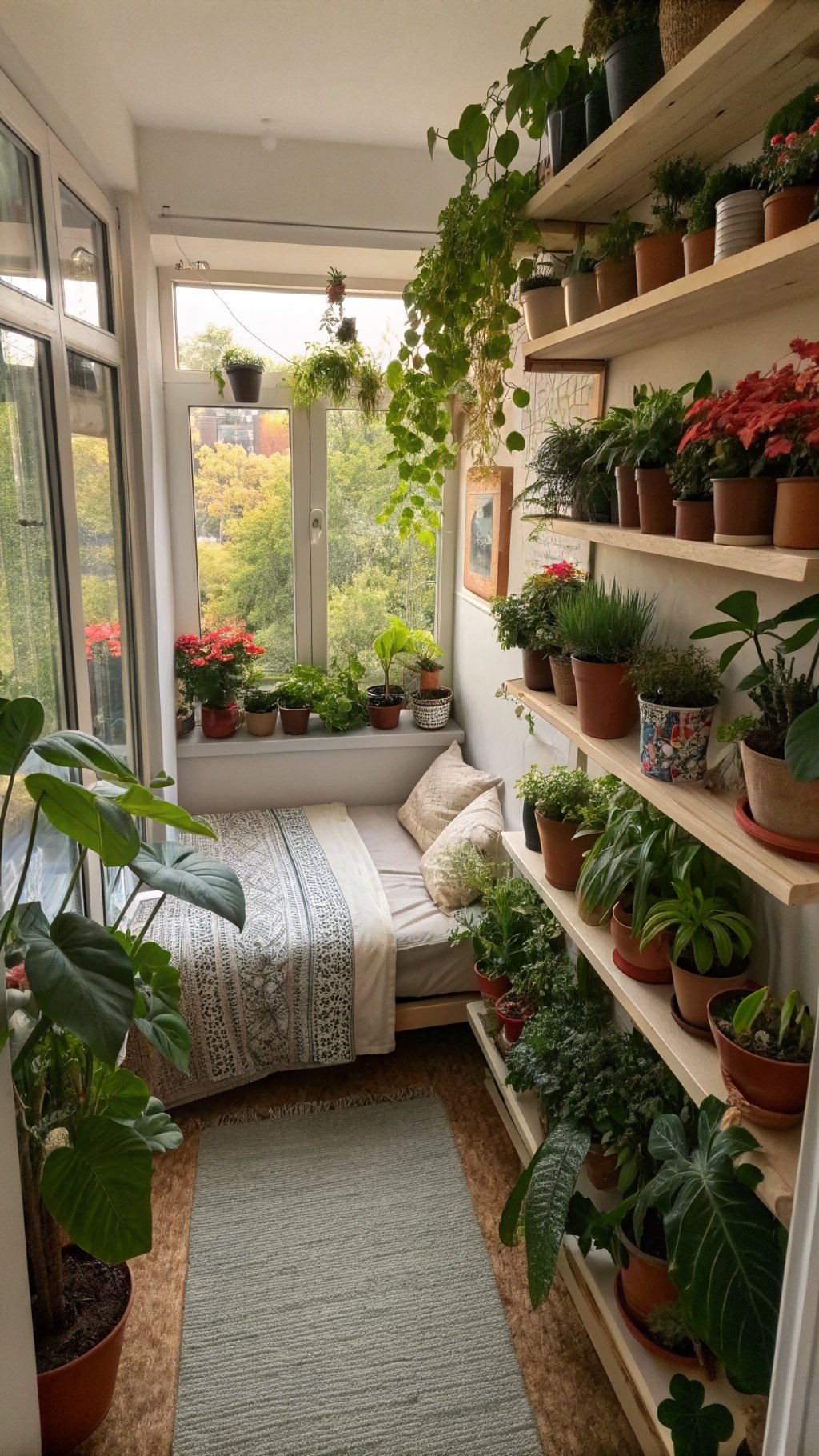 17 Whimsical Small Bedroom Ideas to Spark Your Imagination A cozy small bedroom with a variety of indoor plants on shelves and windowsills.