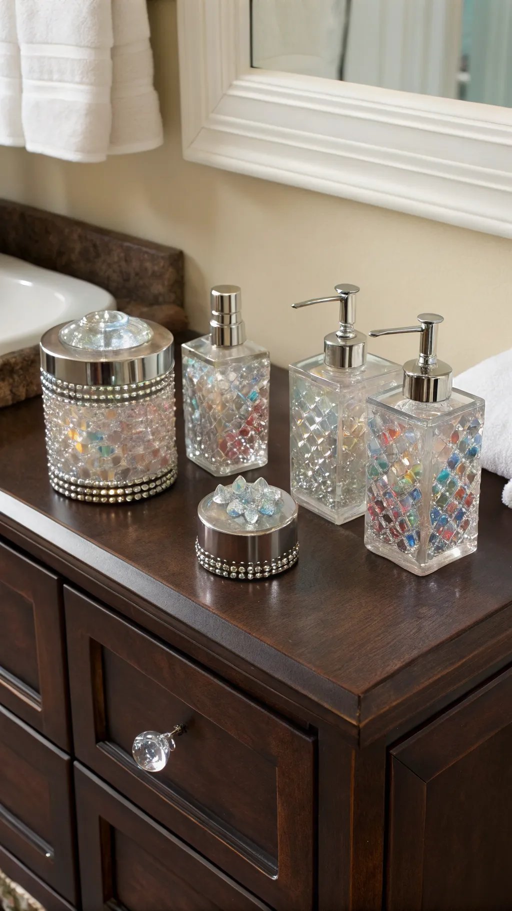 Crystal bath accessories displayed on a wooden vanity, including soap dispensers and decorative jars.