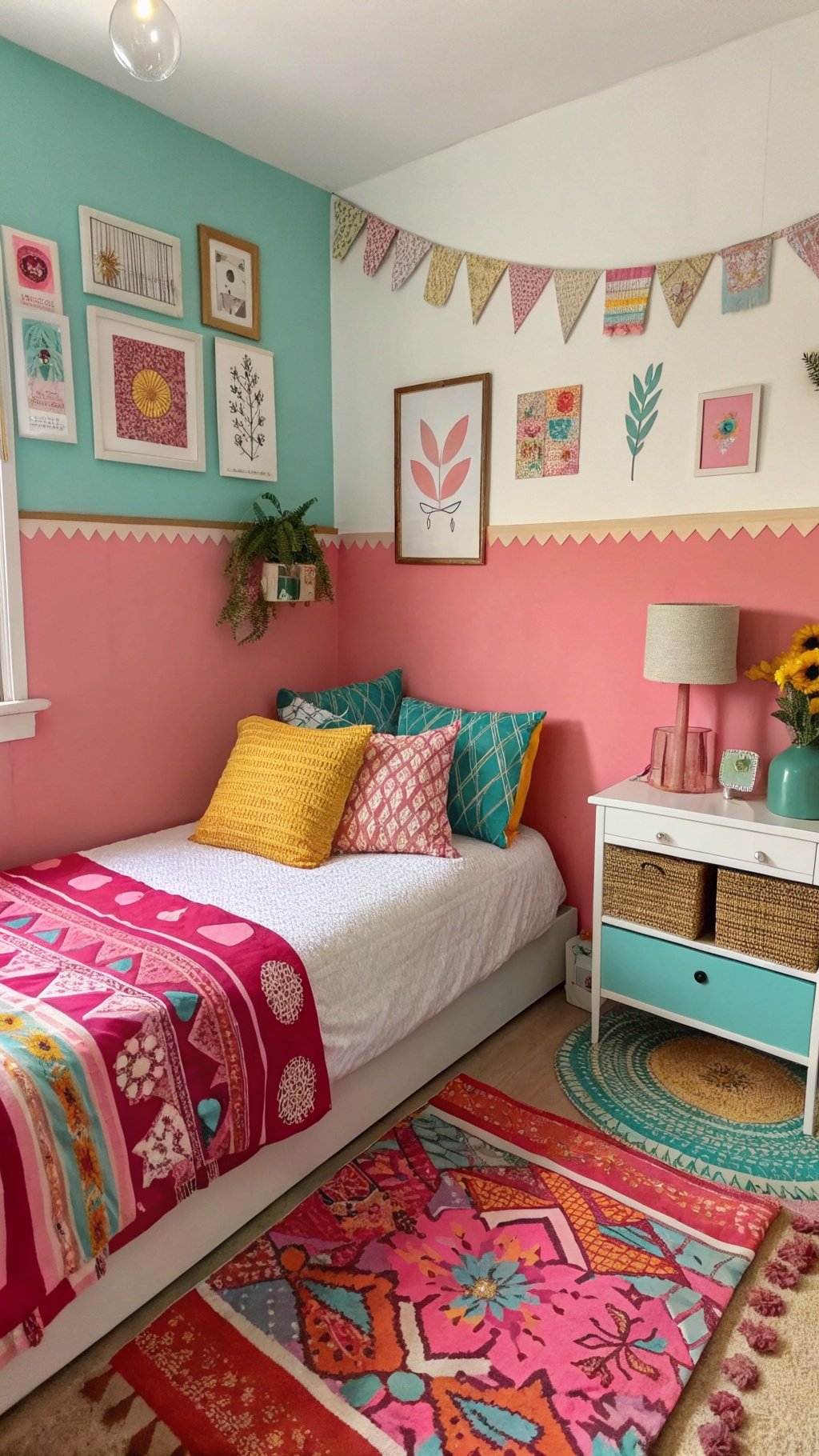 17 Whimsical Small Bedroom Ideas to Spark Your Imagination A colorful small bedroom featuring turquoise and pink walls, a cozy bed with patterned pillows, and vibrant rugs.