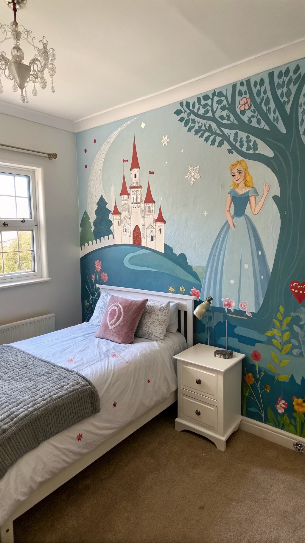 17 Whimsical Small Bedroom Ideas to Spark Your Imagination A small, whimsical bedroom with an artistic mural featuring a castle and a character, enhancing the cozy space.