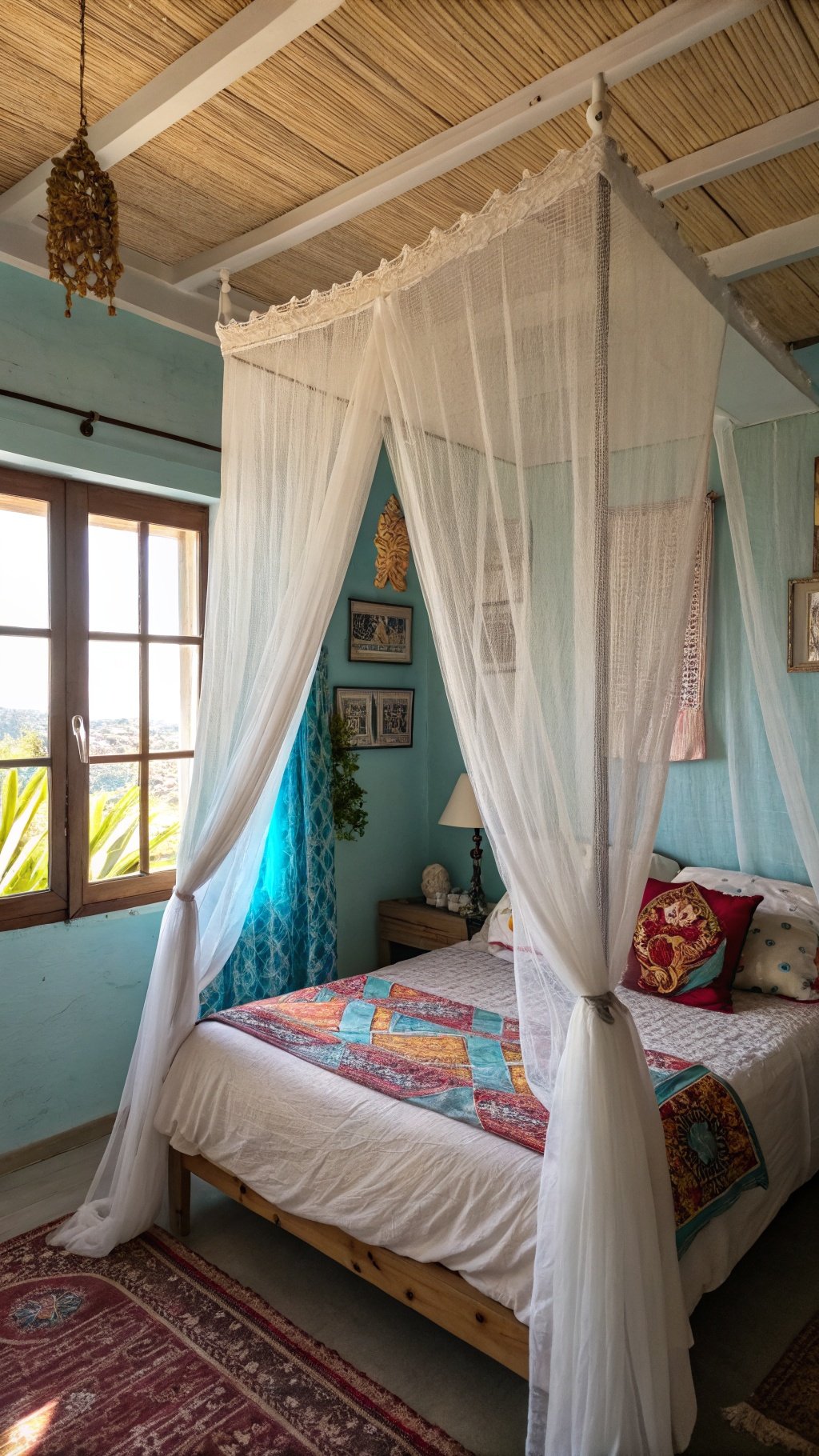 17 Whimsical Small Bedroom Ideas to Spark Your Imagination A cozy bedroom featuring a white canopy bed, colorful quilt, and blue walls