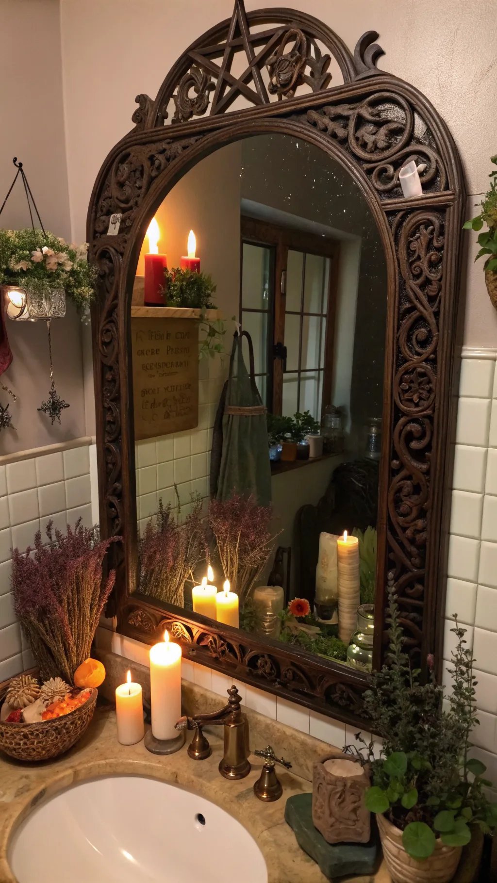 A beautifully designed vintage mirror framed with intricate patterns, featuring a pentagram at the top, surrounded by candles and plants in a cozy bathroom setting.