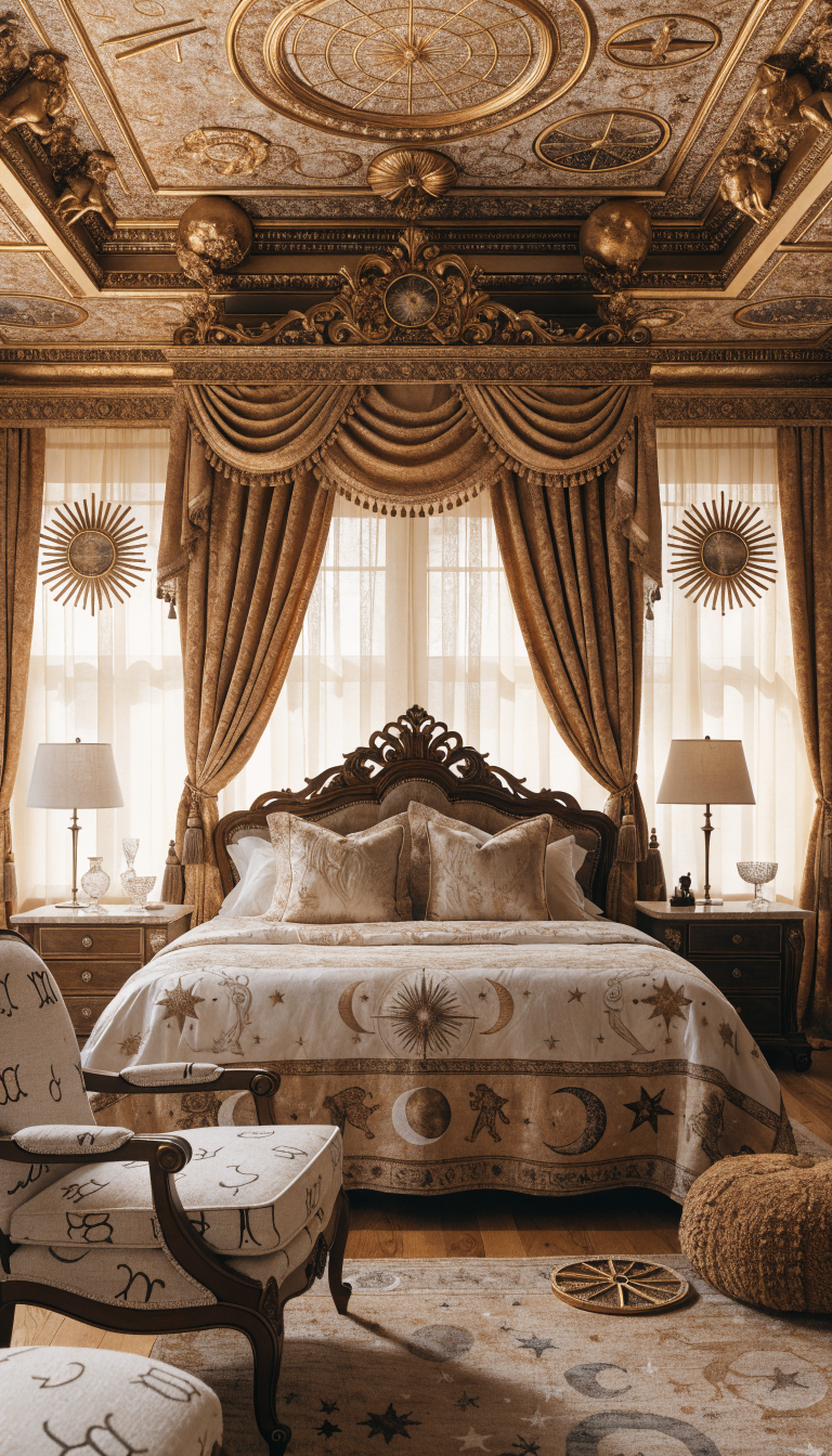 Astrology-inspired bedroom with celestial motifs and elegant decor.