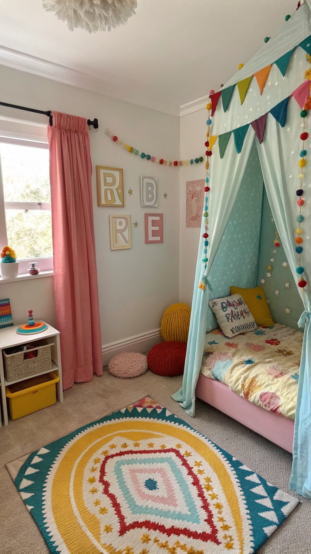 17 Whimsical Small Bedroom Ideas to Spark Your Imagination A cozy and colorful small bedroom with a whimsical theme featuring a bright rug, playful decor, and soft textiles.