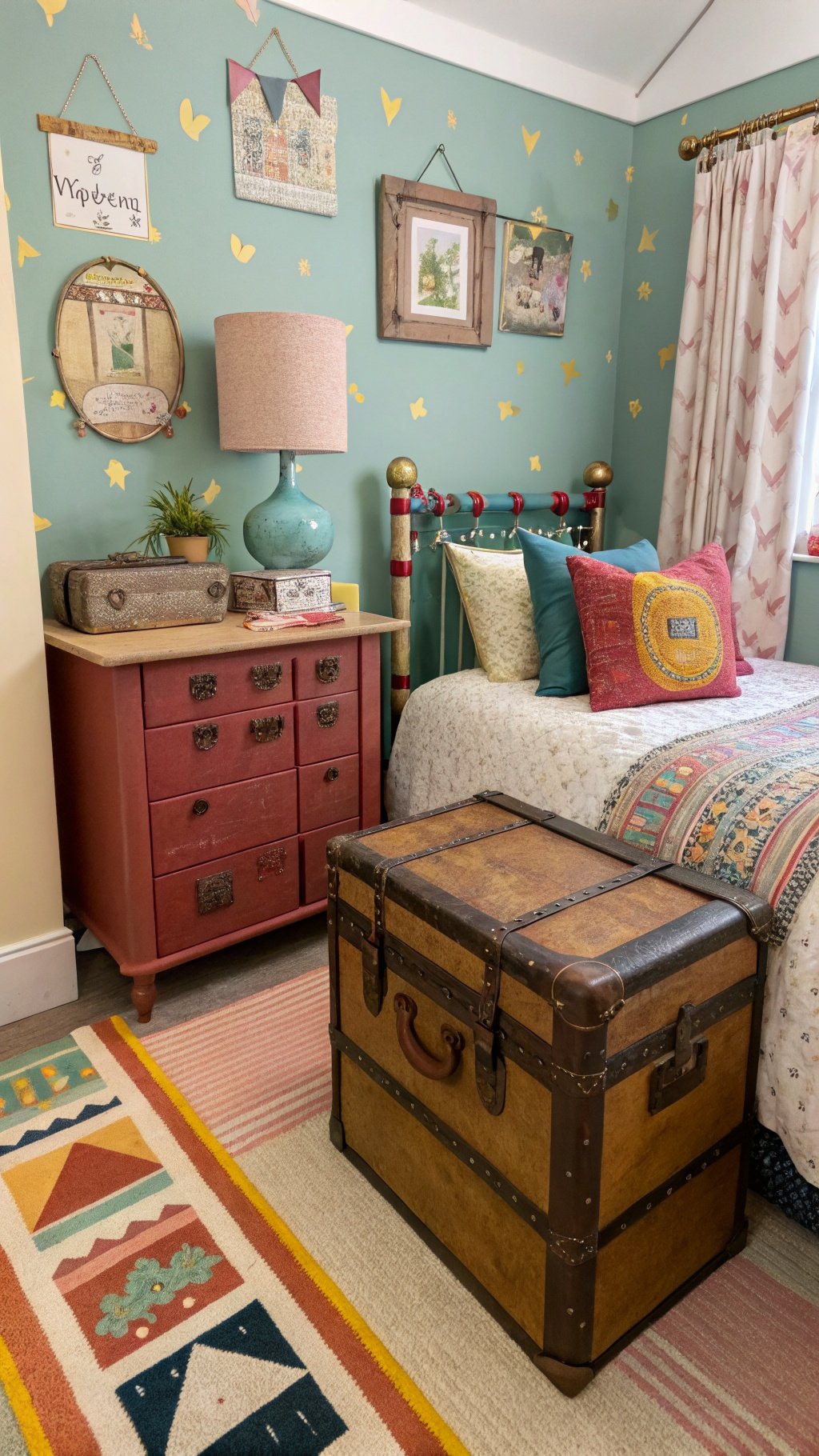 17 Whimsical Small Bedroom Ideas to Spark Your Imagination A whimsical small bedroom featuring quirky furniture like a red dresser, vintage trunk, colorful decorative pillows, and a turquoise lamp.