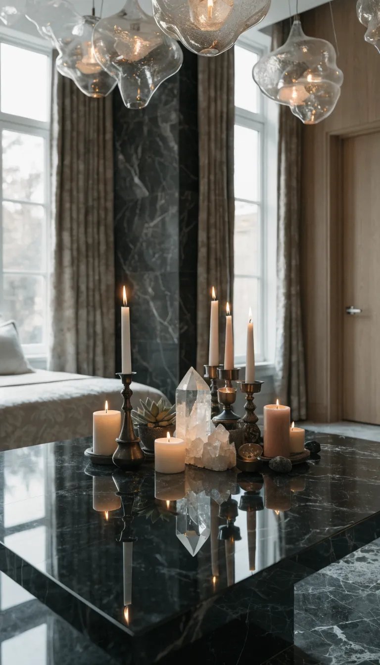 A stylish modern witch's altar featuring candles, crystals, and lush decor.