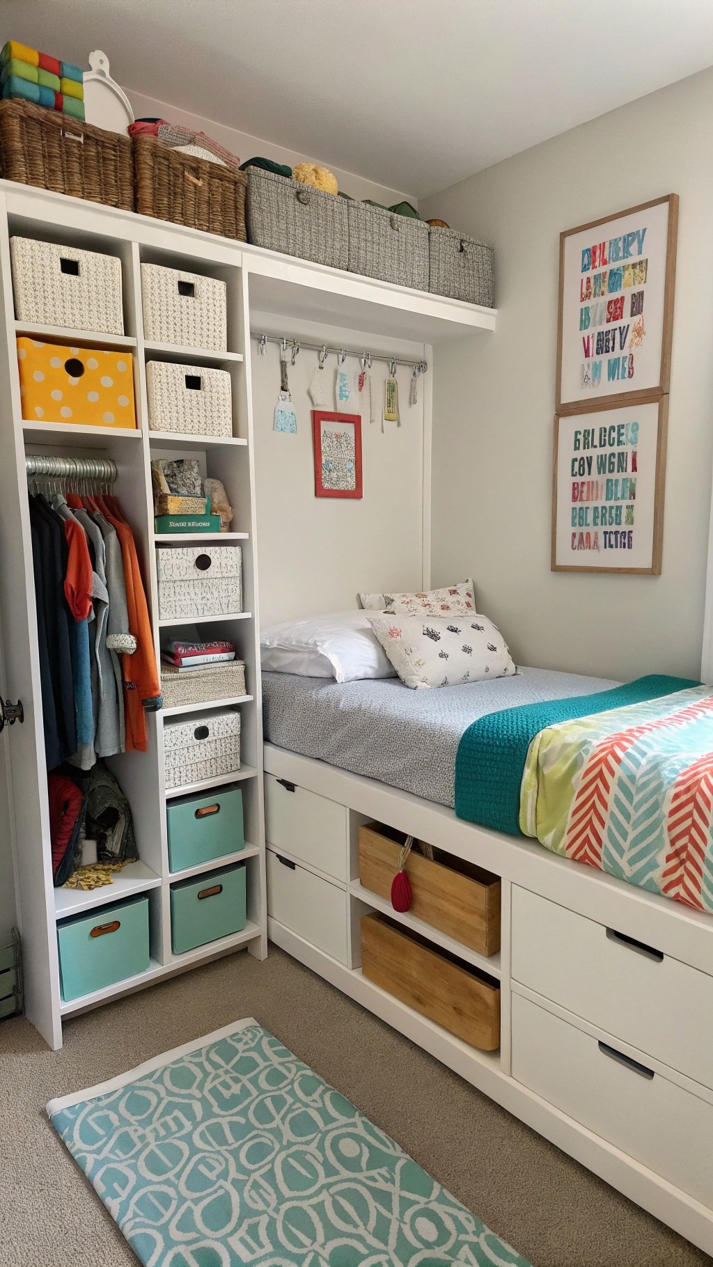 17 Whimsical Small Bedroom Ideas to Spark Your Imagination A creatively organized small bedroom featuring colorful storage solutions.