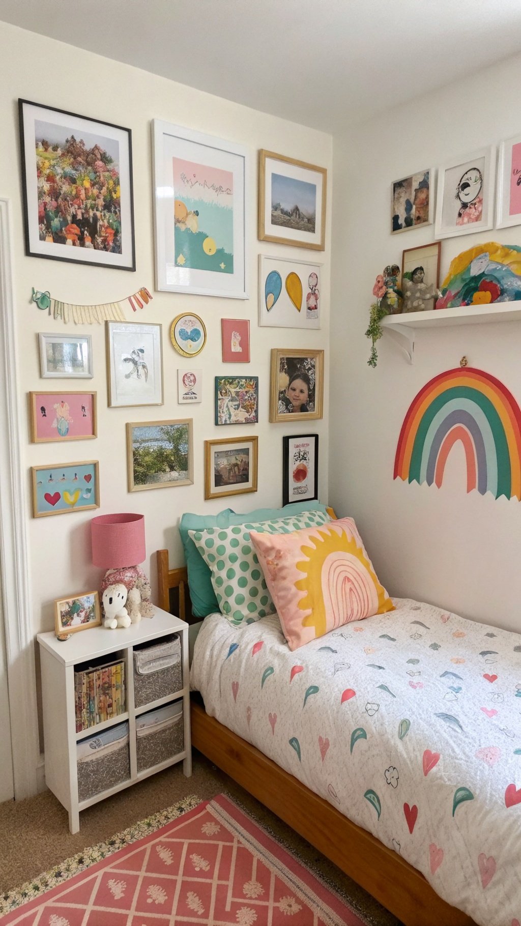 17 Whimsical Small Bedroom Ideas to Spark Your Imagination A playful gallery wall in a whimsical small bedroom, showcasing a variety of framed artworks and colorful decor.